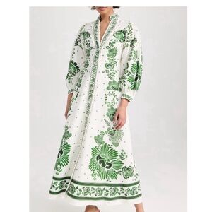 FARM Rio Green and White Plunge Neck Sundress